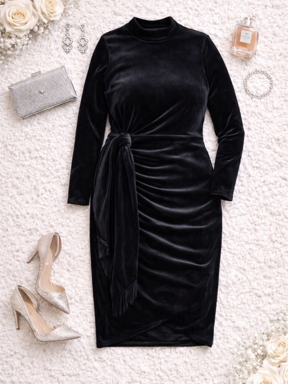 Tahari Plus Size Black Velvet Mock-Neck Draped Bodycon Dress 20W NWT